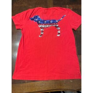 Victoria’s Secret PINK Red Patriotic Sequin American Flag Dog T-Shirt Medium